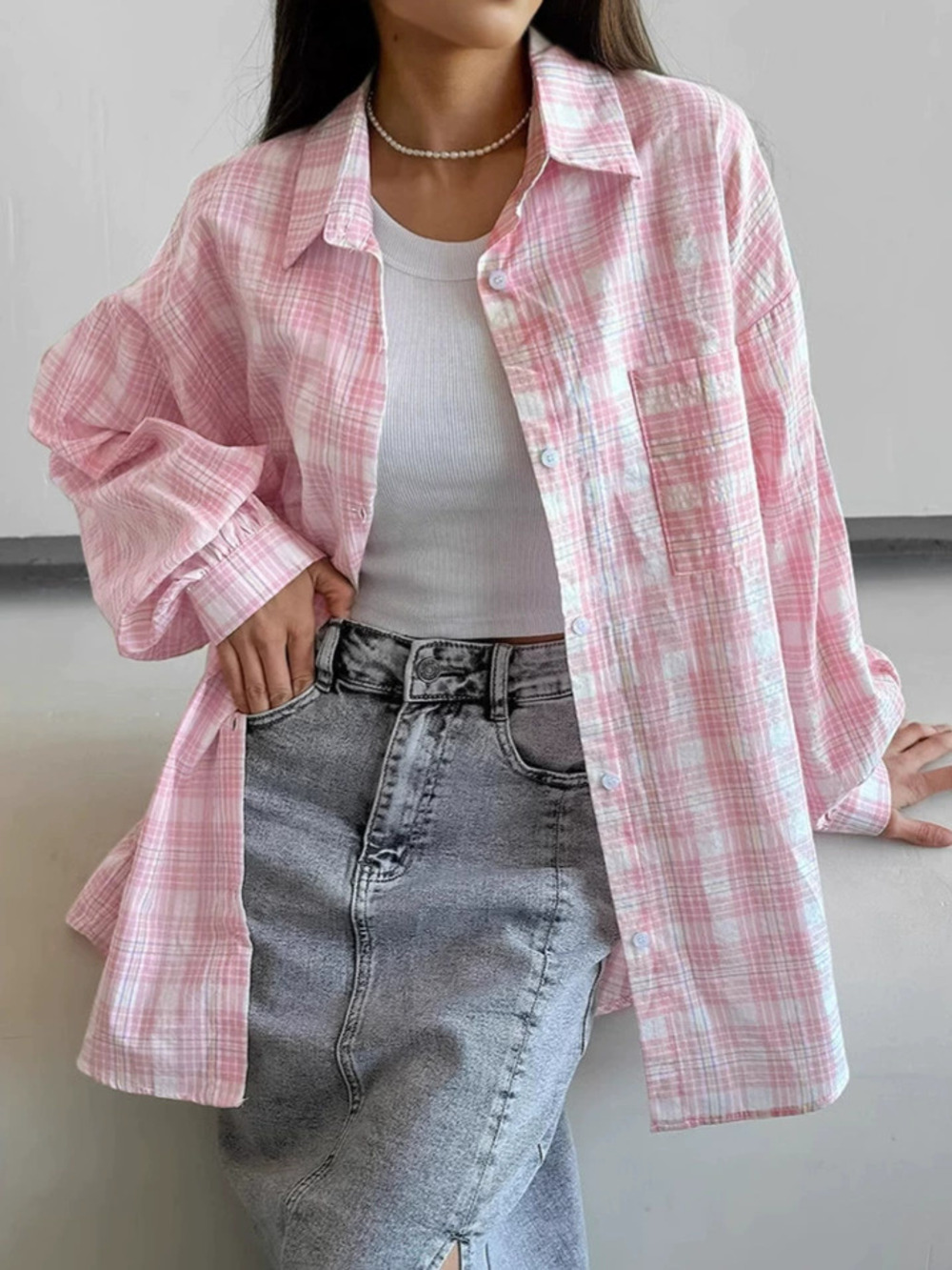 Forever 21 Preppy Pink Plaid Shirt Oversized Long Sleeve Layering Streetwear